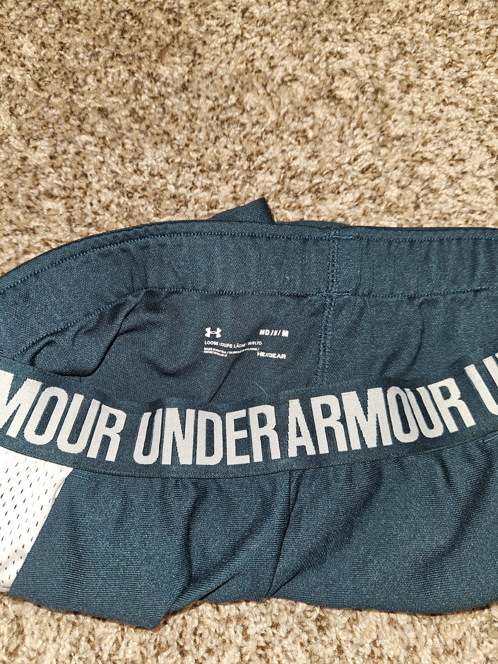 Under Armour Women’s Dark Green Athletic Shorts with White Panels - Picture 2 of 3